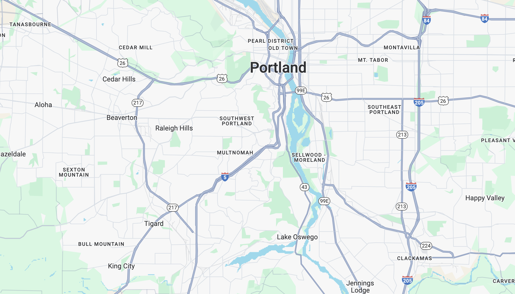 Service area map showing Portland and Eugene, Oregon with surrounding neighborhoods