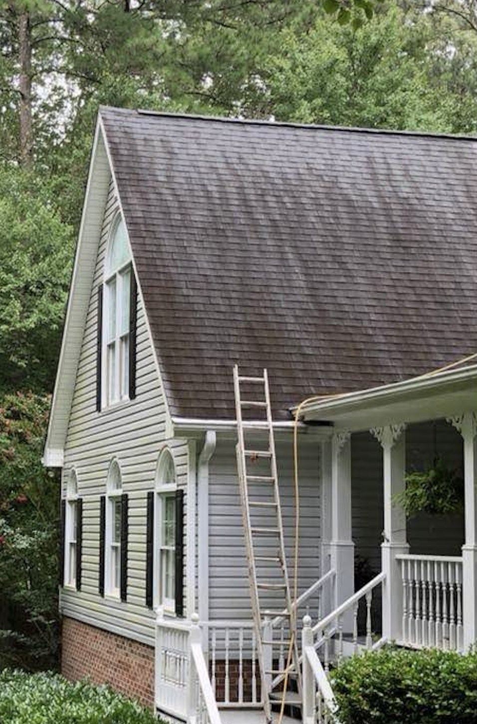 Before: Roof soft washing before and after showing moss and algae removal